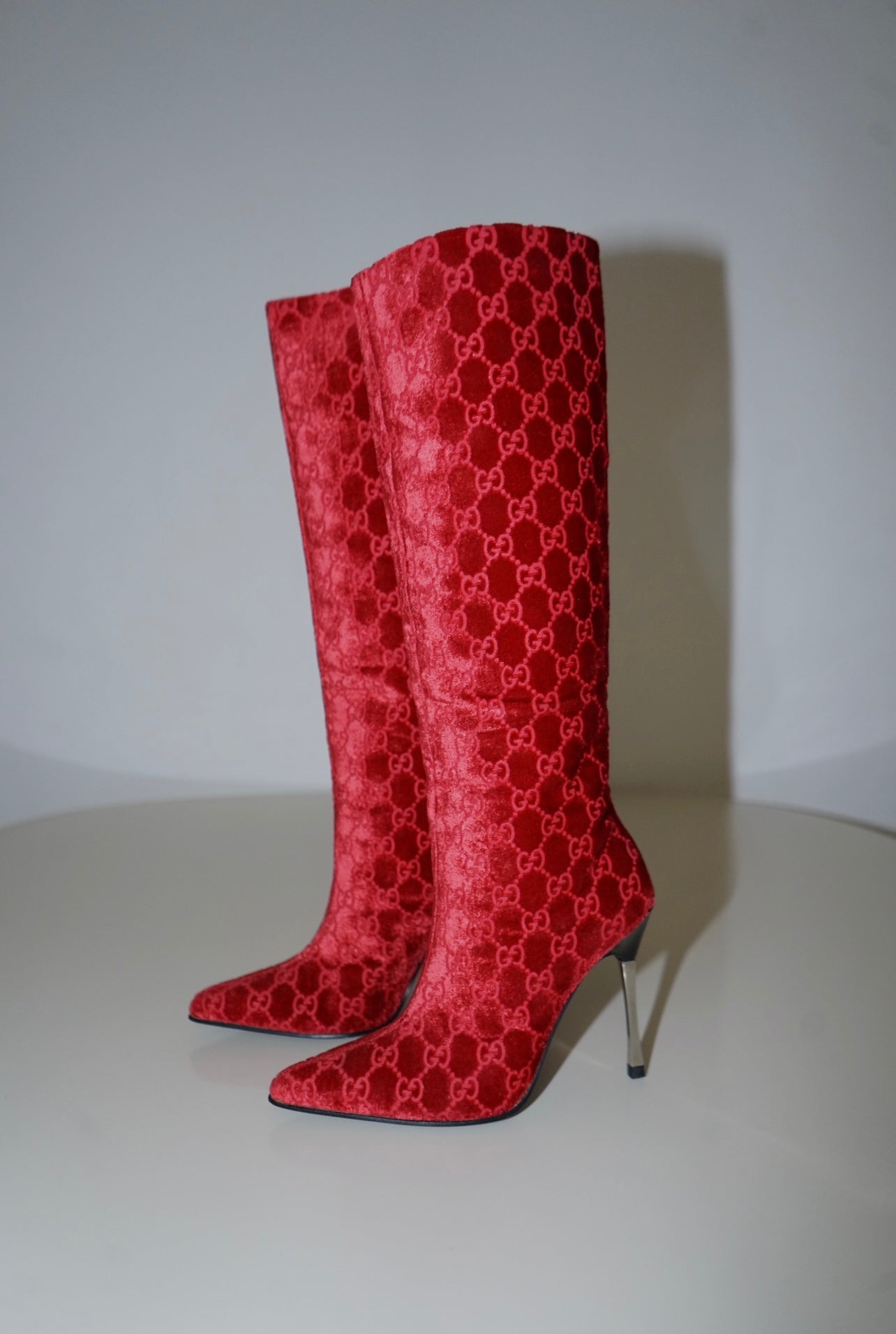 Gucci + Tom Ford FW1997 Red Velvet GG Monogram Boots (37)