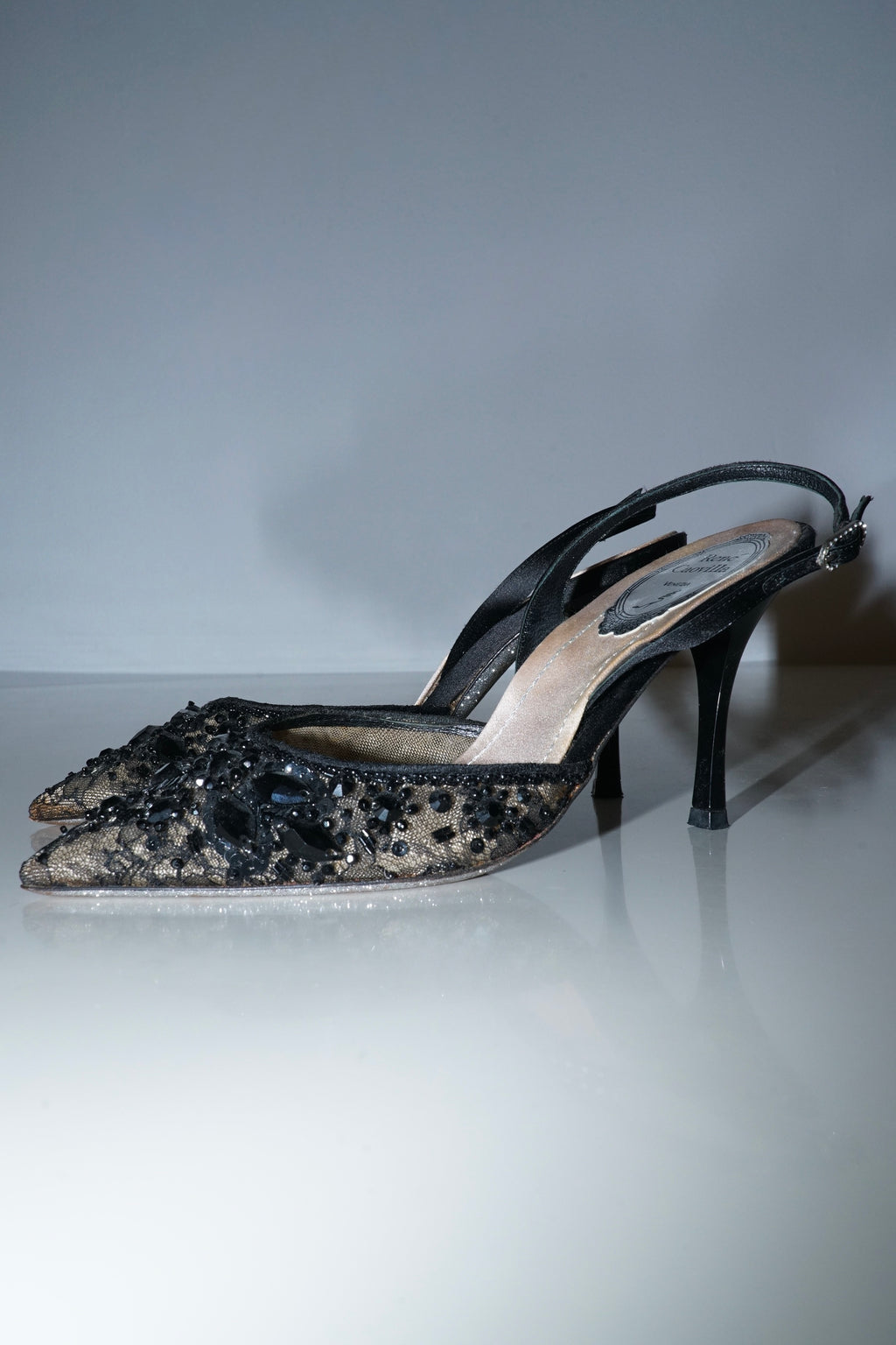 René Caovilla Black Lace Crystal Embellished Slingback Heels (35.5)