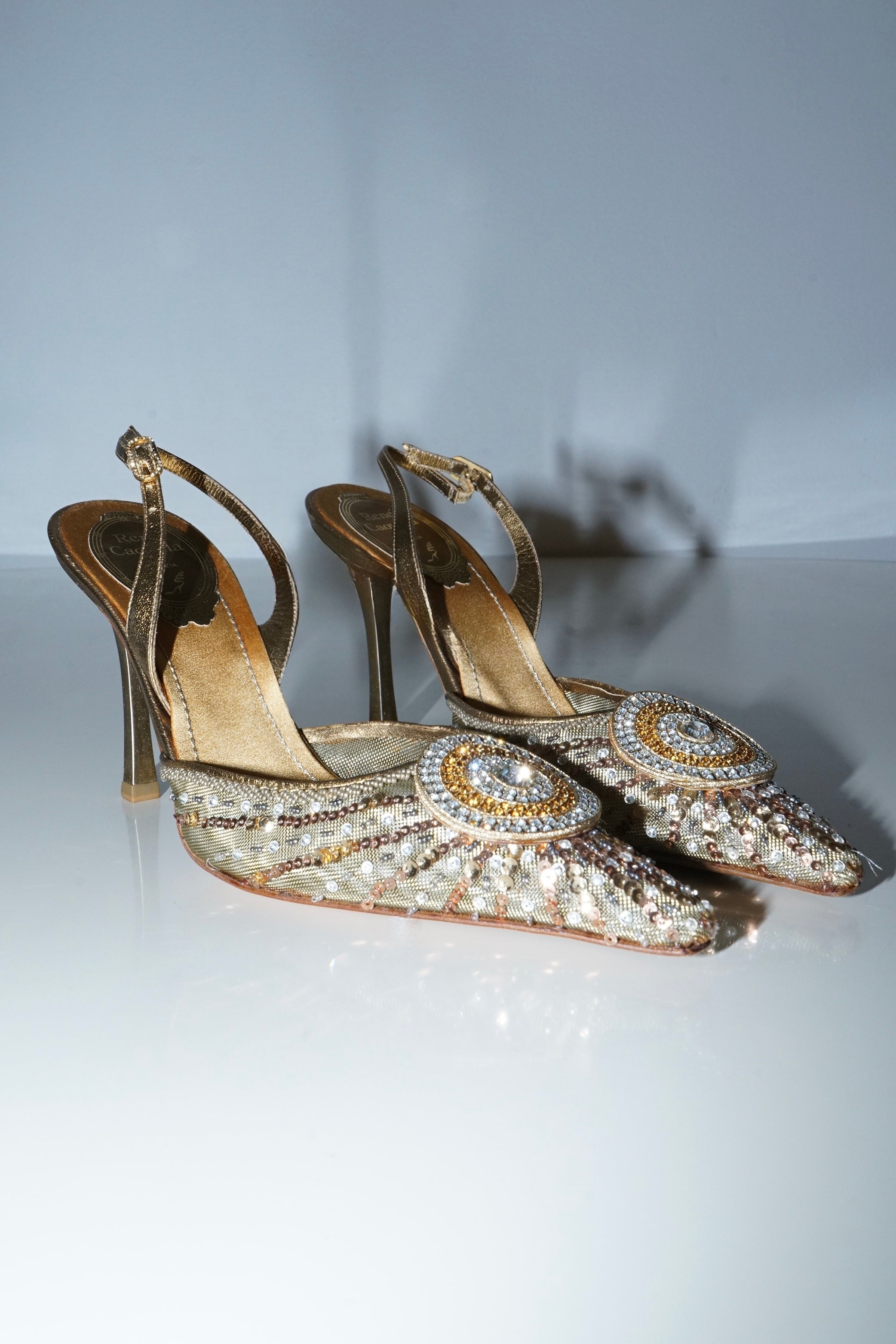 René Caovilla Bronze Lace Sequins Embellished Slingback Heels (36.5)