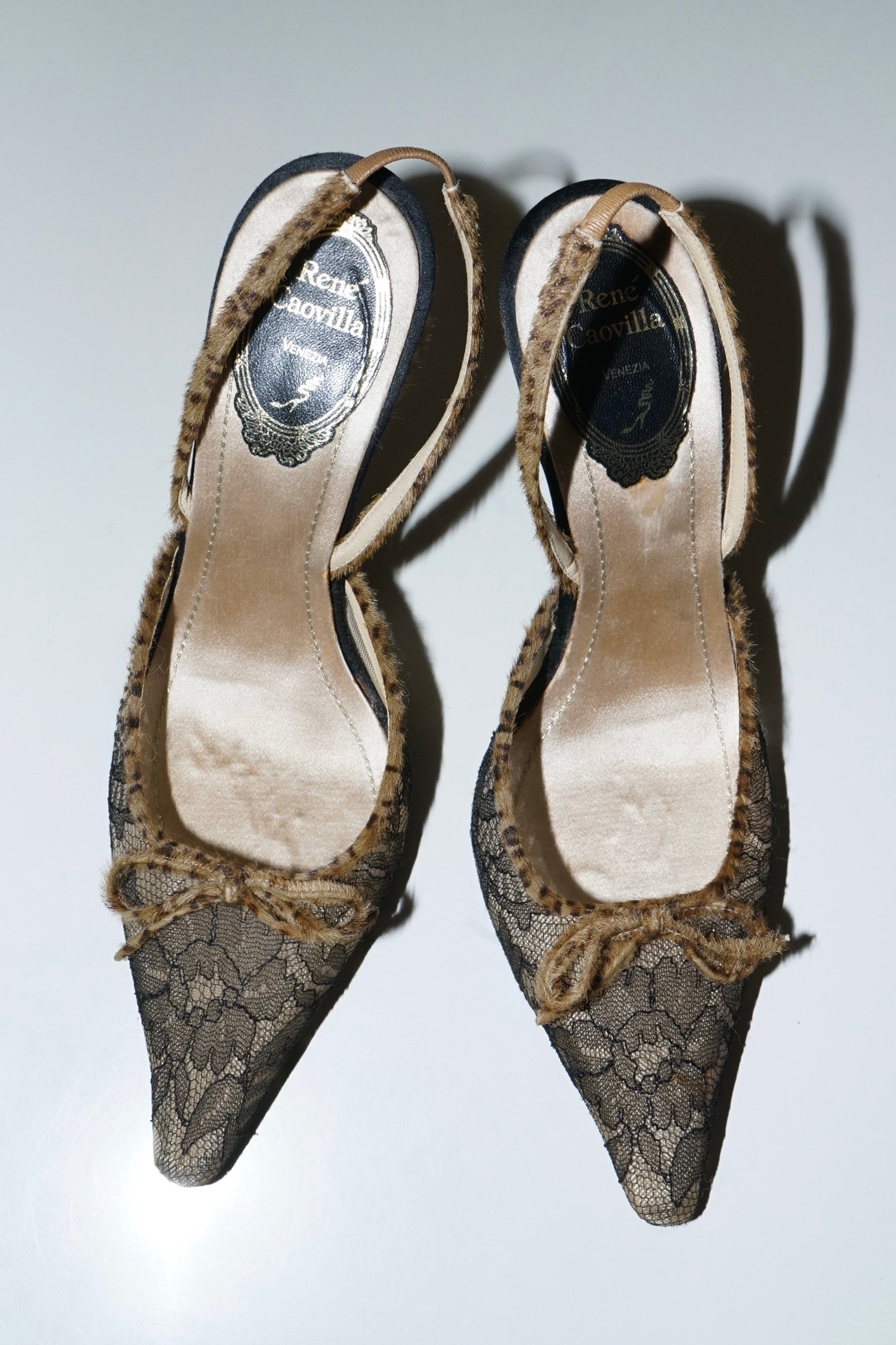 René Caovilla Lace & Leopard Slingback Heels (36)