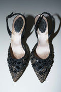 René Caovilla Black Lace Crystal Embellished Slingback Heels (35.5)