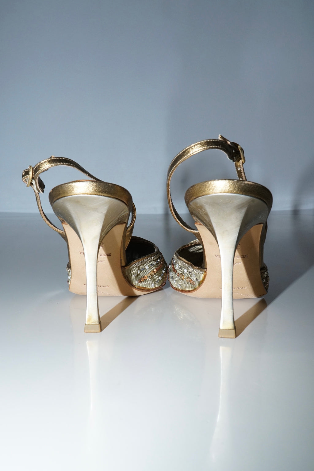 René Caovilla Bronze Lace Sequins Embellished Slingback Heels (36.5)