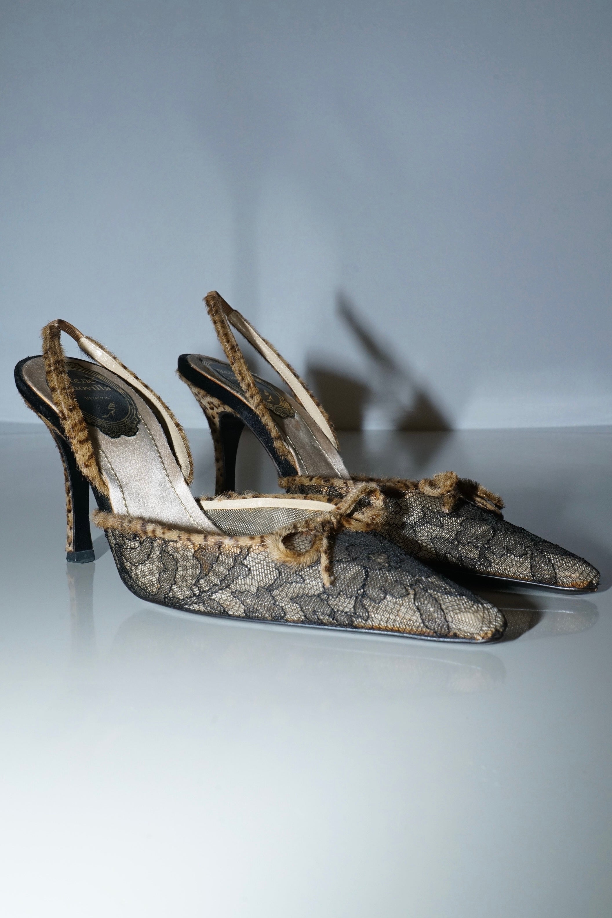 René Caovilla Lace & Leopard Slingback Heels (36)