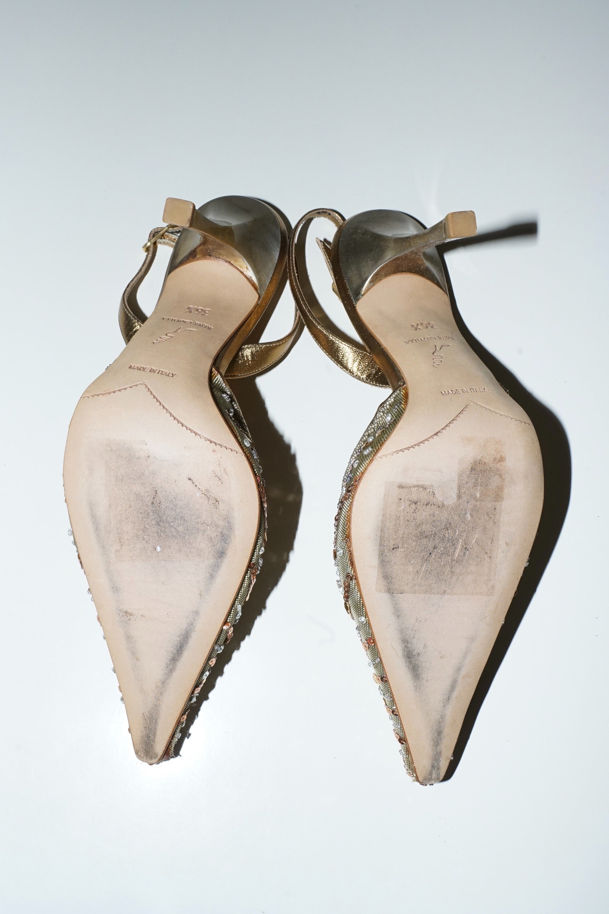 René Caovilla Bronze Lace Sequins Embellished Slingback Heels (36.5)