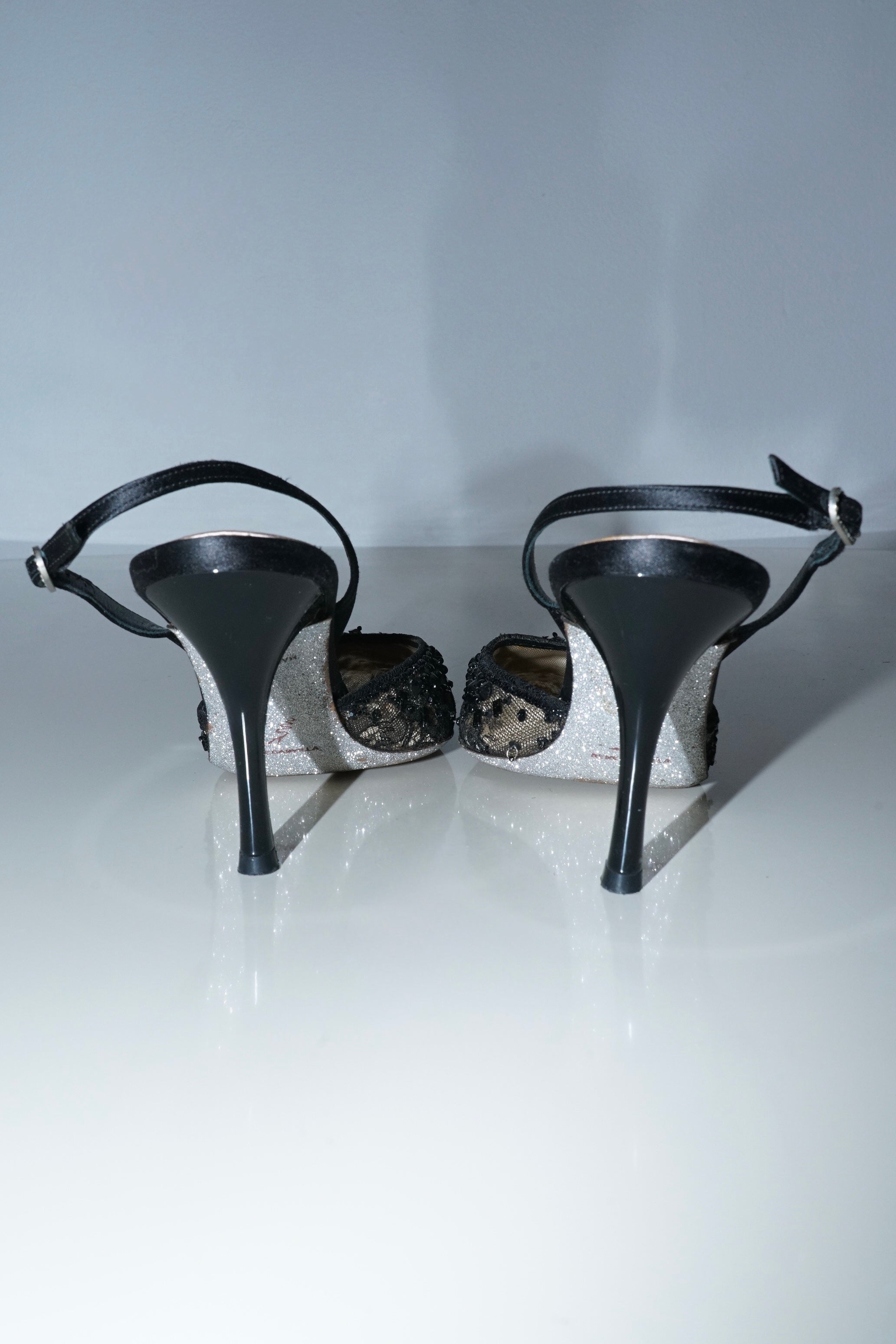 René Caovilla Black Lace Crystal Embellished Slingback Heels (35.5)