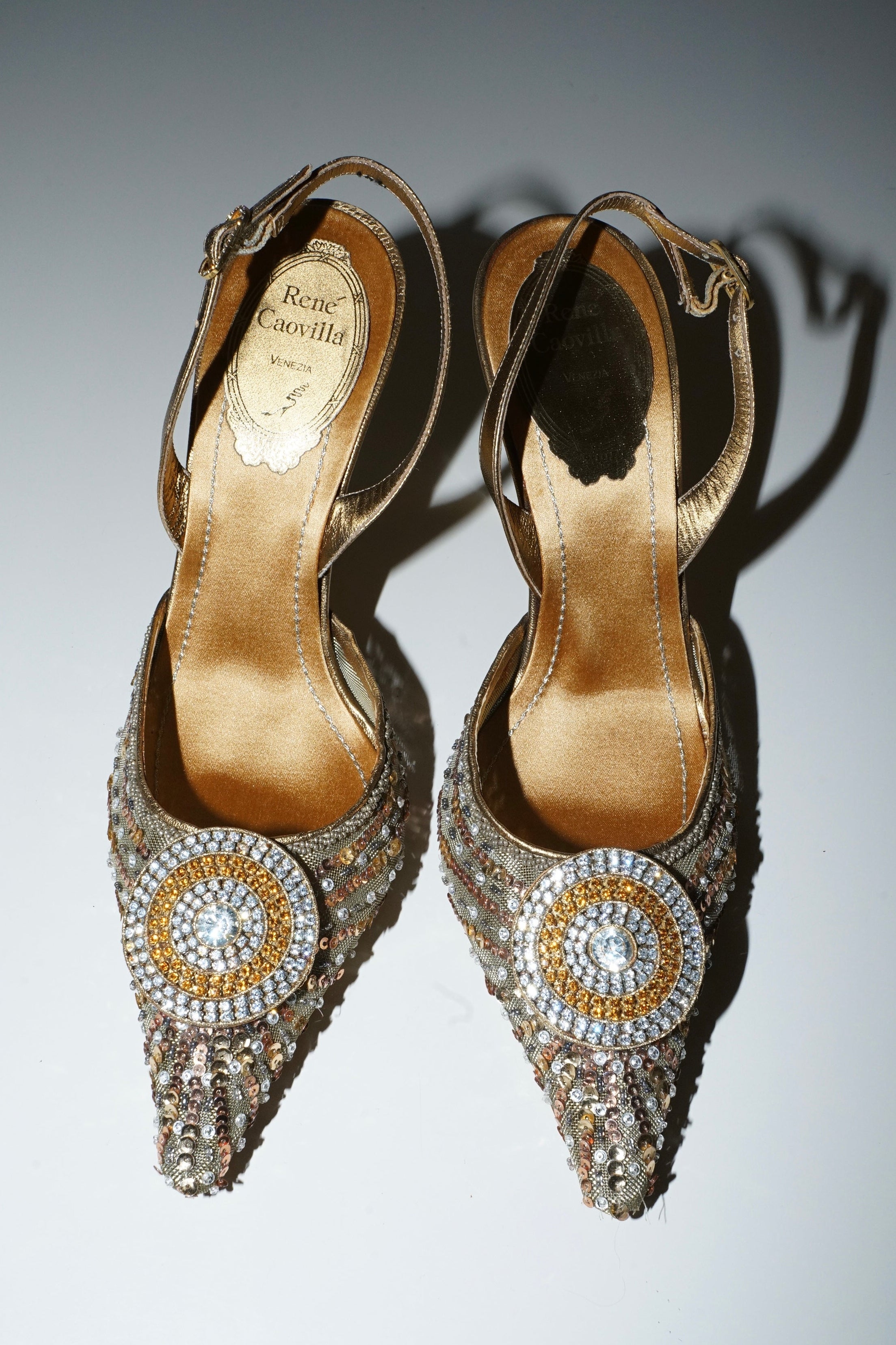 René Caovilla Bronze Lace Sequins Embellished Slingback Heels (36.5)